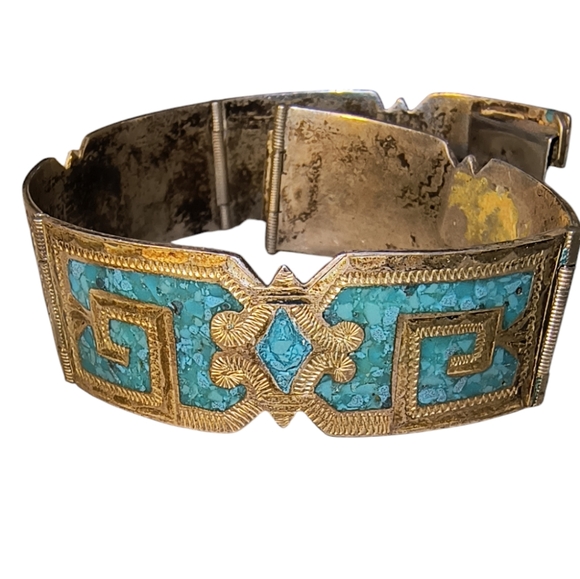 Vintage Mexico Sterling Silver & Turquoise Inlay Hinged Panel Bracelet - Picture 3 of 10